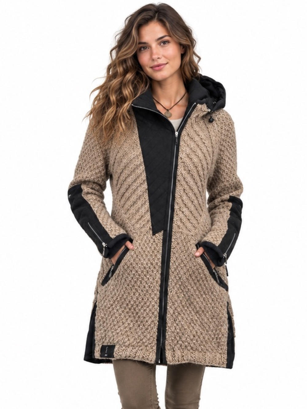 URKU Clara Alpaca Wool Coat L Beige Black Hooded Equestrian Winter Made Ecuador